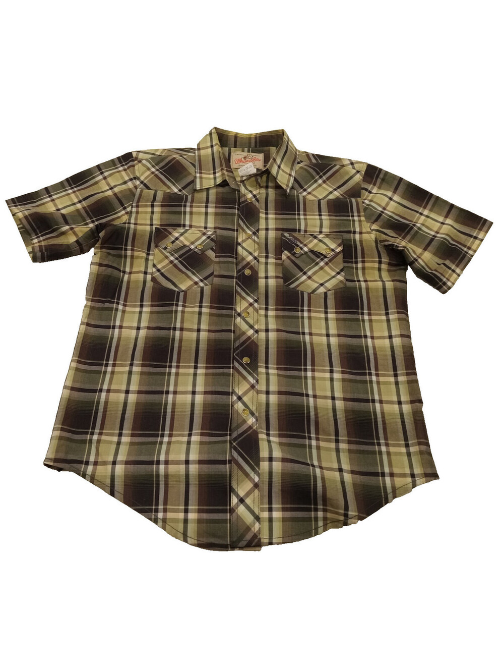 Wrangler Western Shirt Mens Medium Green Brown Plaid Short Sleeve Pearl Snap M